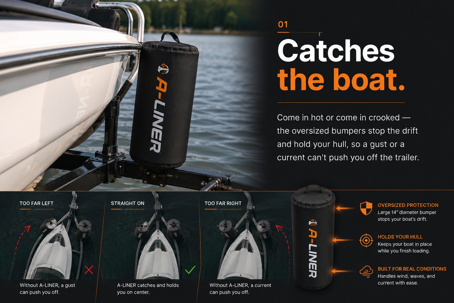 A-Liner catches the boat — oversized bumper stops the drift