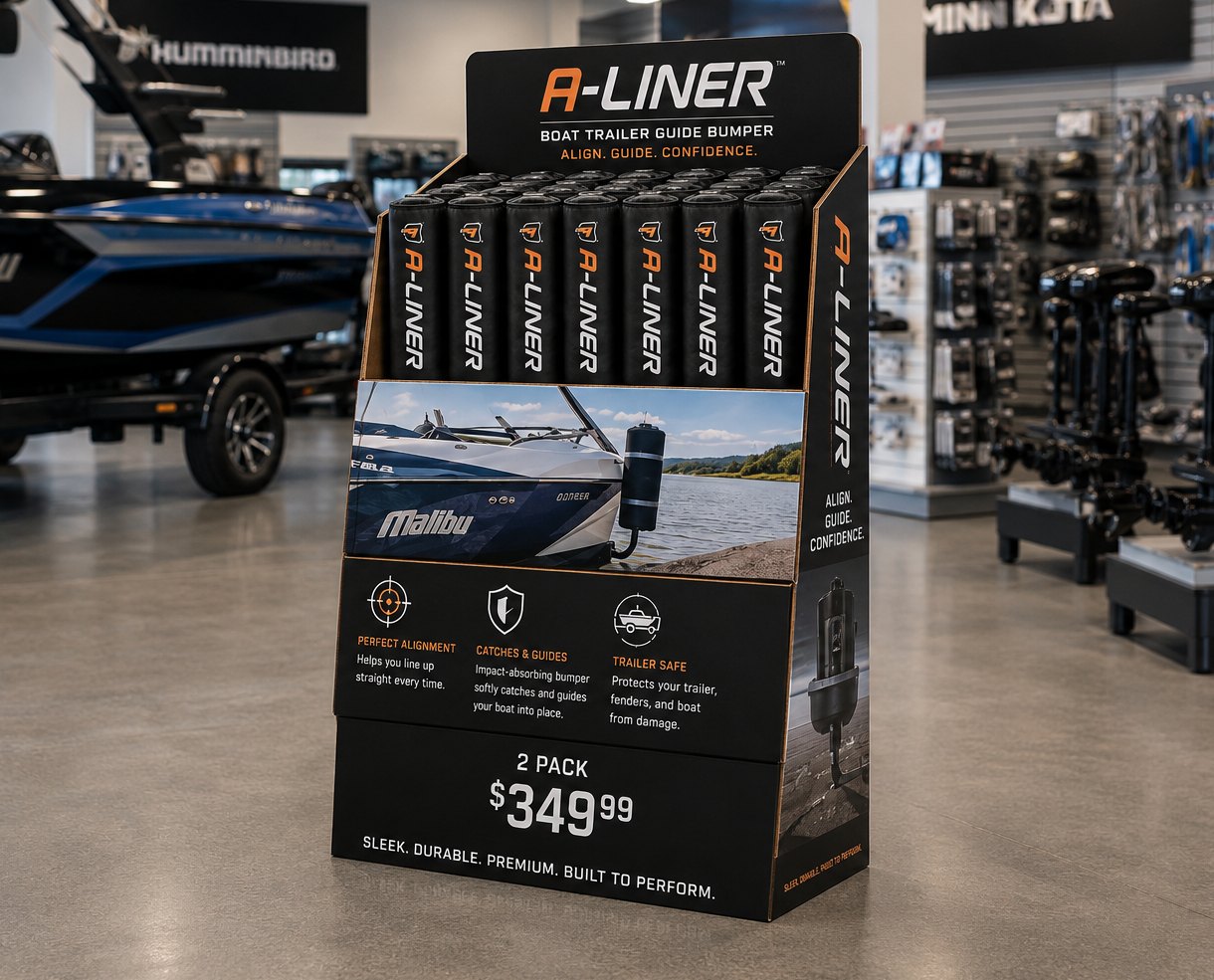 A-Liner retail display unit in a boat dealership showroom