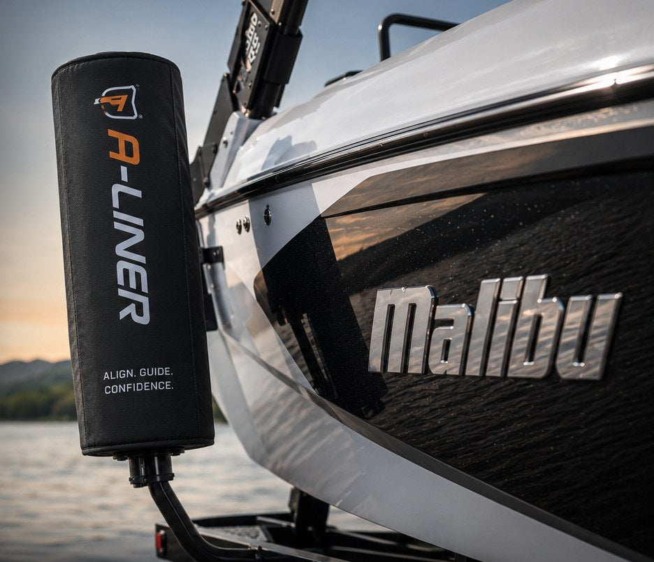 A-Liner boat trailer guide bumper on a Malibu boat